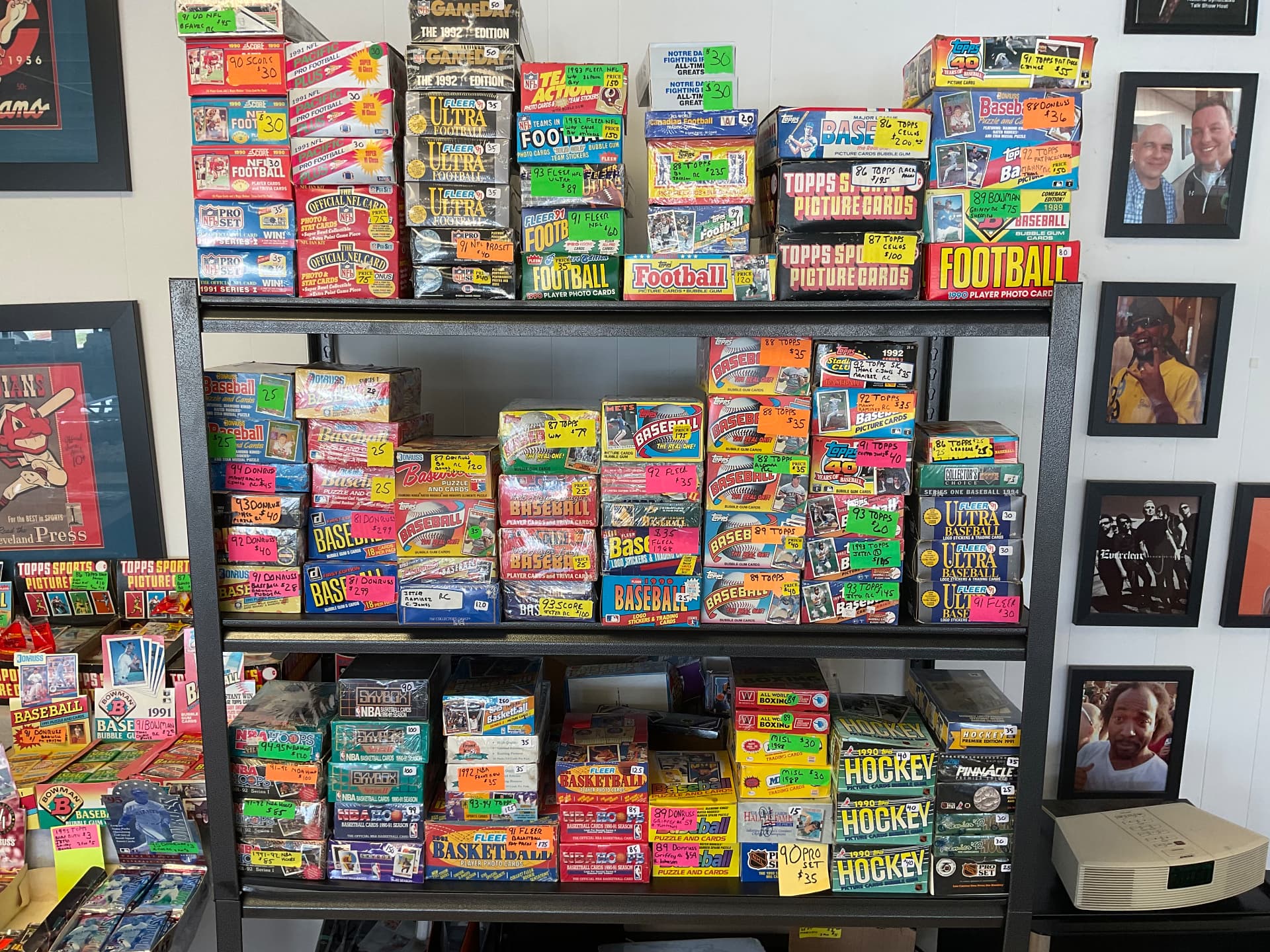 Shelves of vintage sealed wax boxes from the 1980s and 1990s